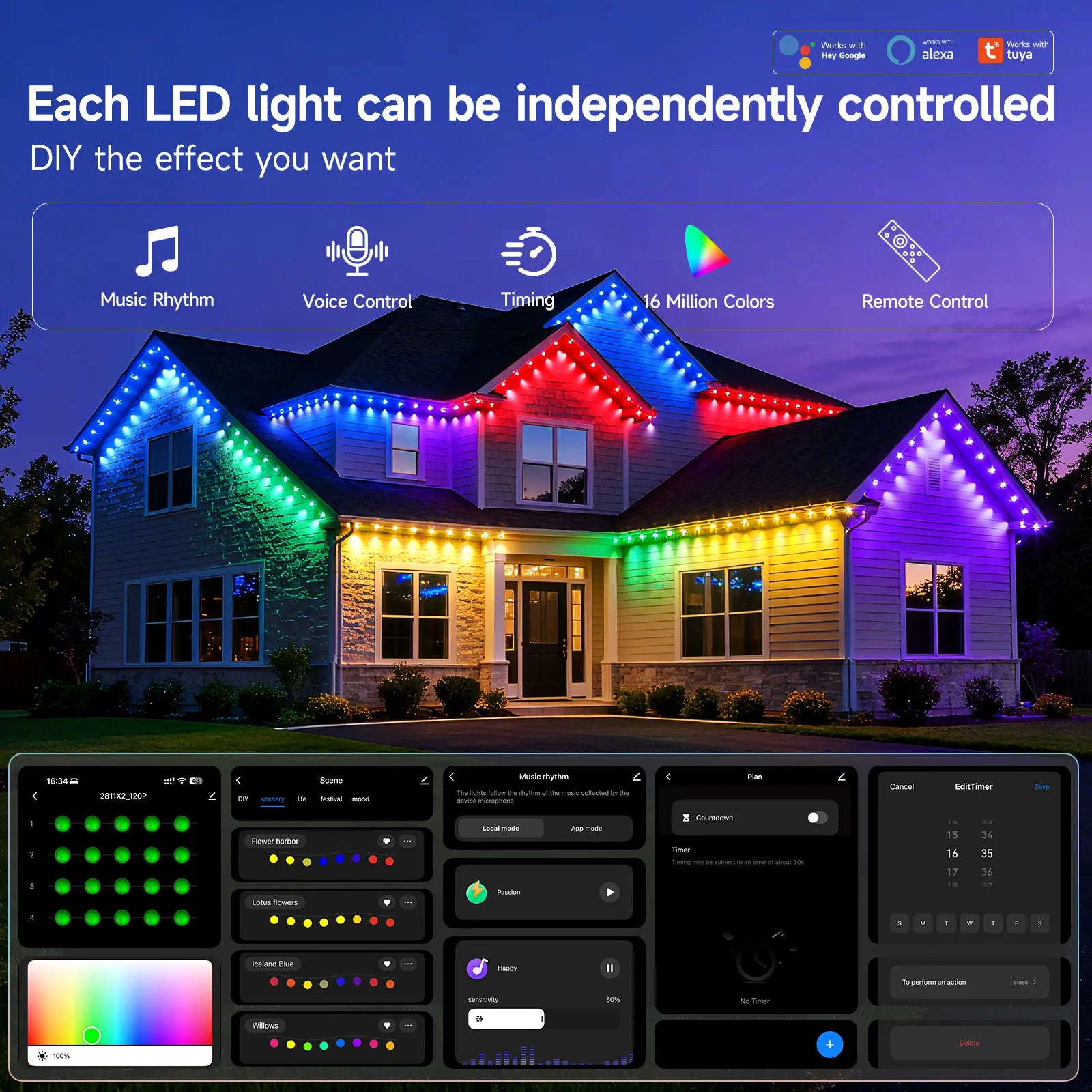 Home roofline illuminated by JC-LGL permanent outdoor lights