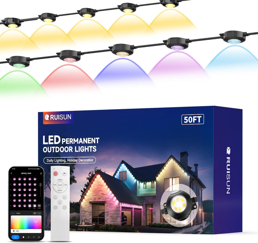 Permanent outdoor lighting highlighting a home's architecture