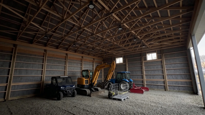 Equipment storage building with lights off