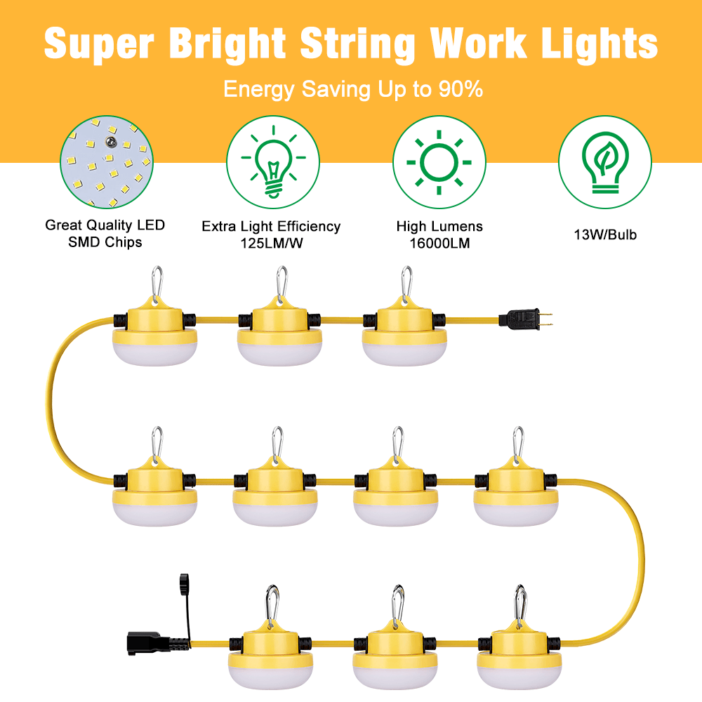 JC-LGL LED Construction String Lights - 65W/130W, 50FT/100FT, IP65