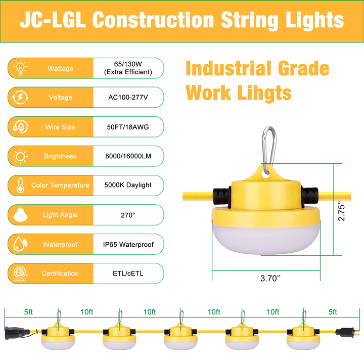Led 360 String Construction JC-LGL LED Construction String Lights - 65W/130W, 50FT/100FT, IP65