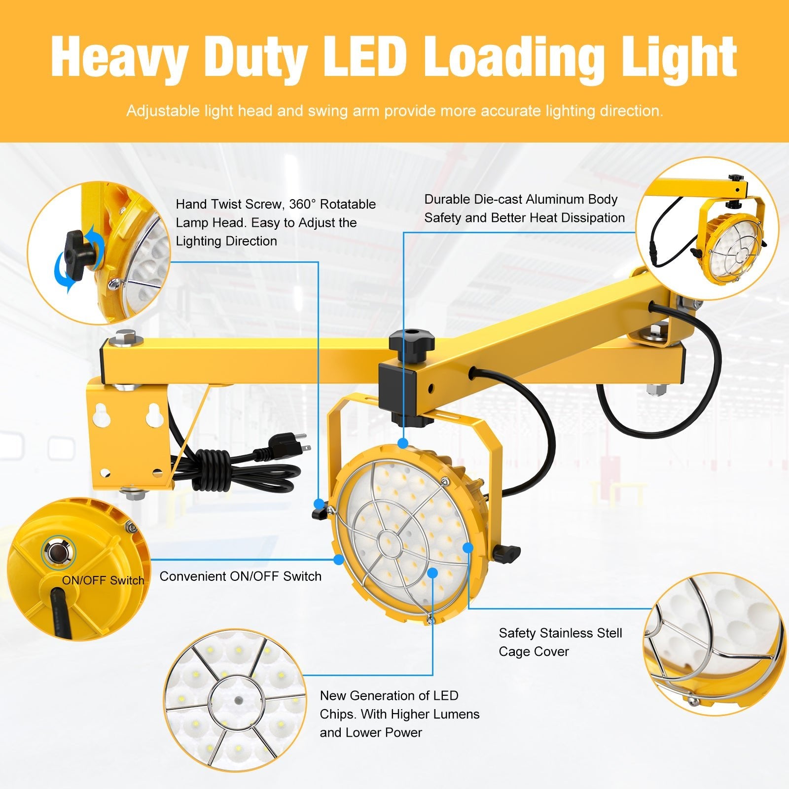 LED Loading Dock Lights with Swing Arm - Bright Work Light | JC-LGL